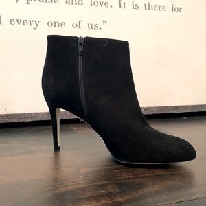 NWOB J Crew pointed toe high heeled black suede booties, never worn.